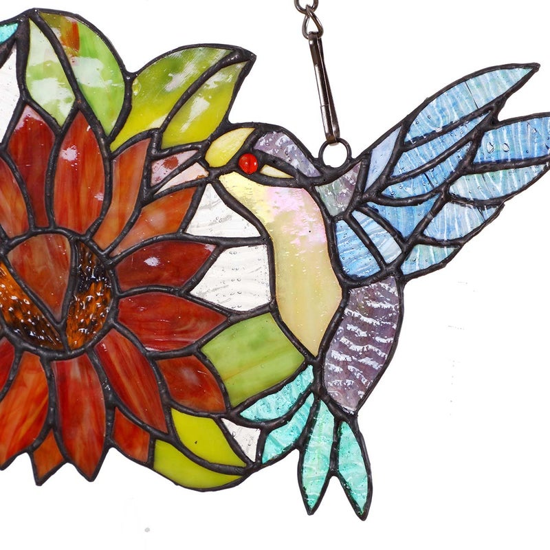 Bieye W10006 Hummingbirds Flower Tiffany Style Stained Glass Window Hangings Panel with Chain, 15" W x 7" H - Image 4